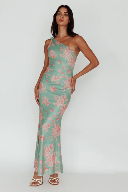 Portland One-Shoulder Jersey Maxi Dress Floral Green