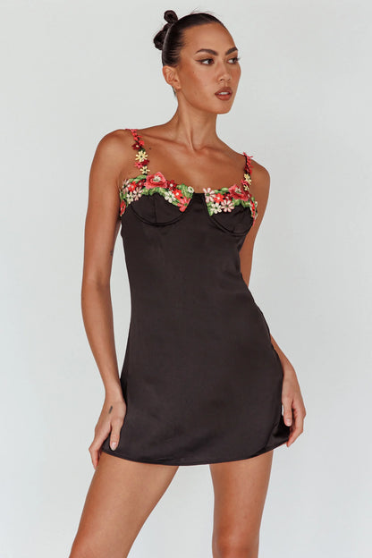 Izolda Floral Applique Mini Dress Black