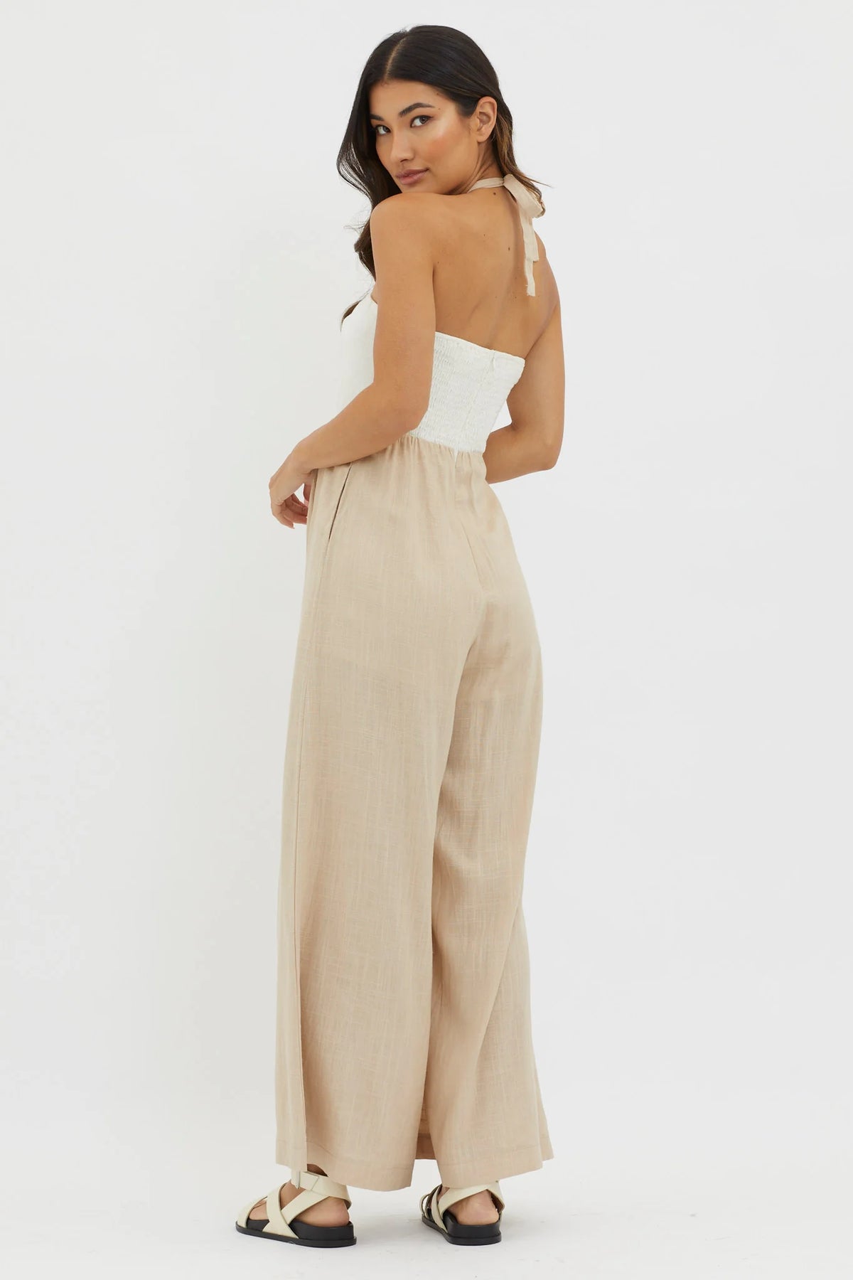 Maryn Wide Leg Halterneck Jumpsuit Beige