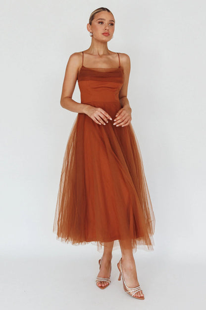 Floating By Pleated Neckline Mesh Midi Dress Brown