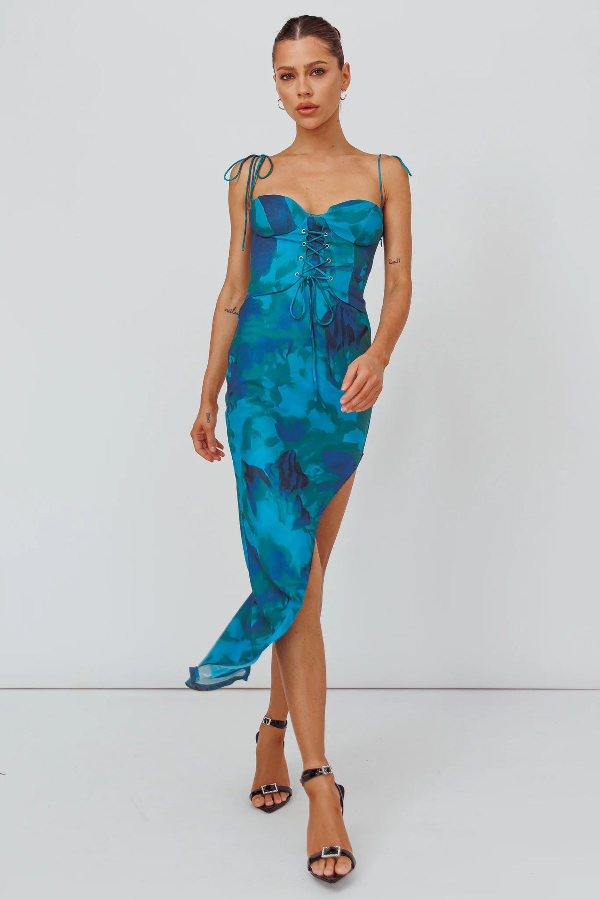 Gabrielle Laced Bodice Midi Dress Floral Green