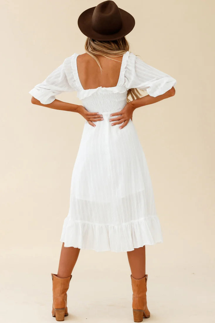 Flynn Off-Shoulder Shirred Bust Midi Dress White