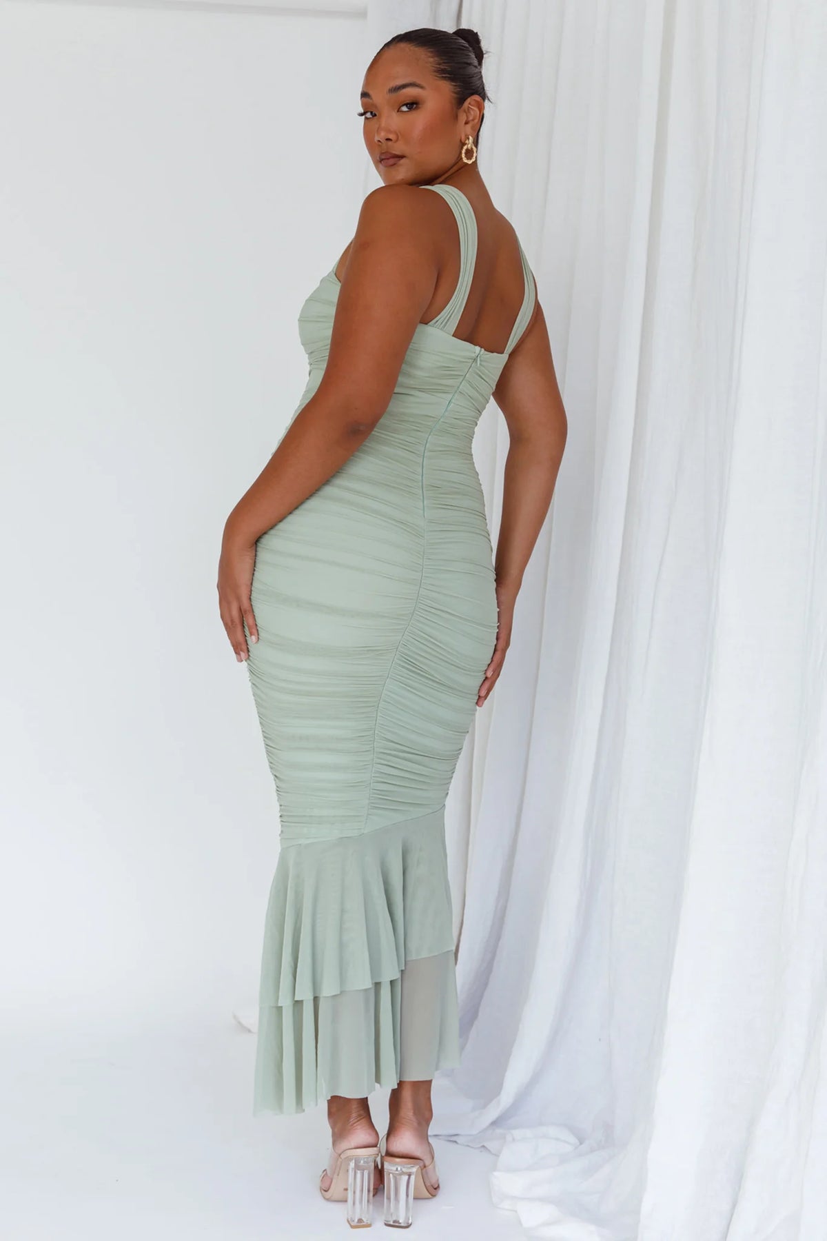 Nadia Ruched Fishtail Maxi Dress Pistachio