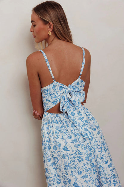 Enchanted Leaf Floral Print A-Line Maxi Dress Blue