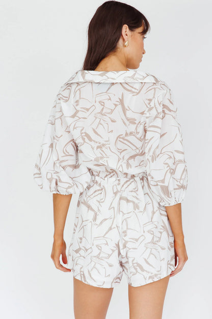 Tiki Puff Sleeve Drawstring Romper Print Beige