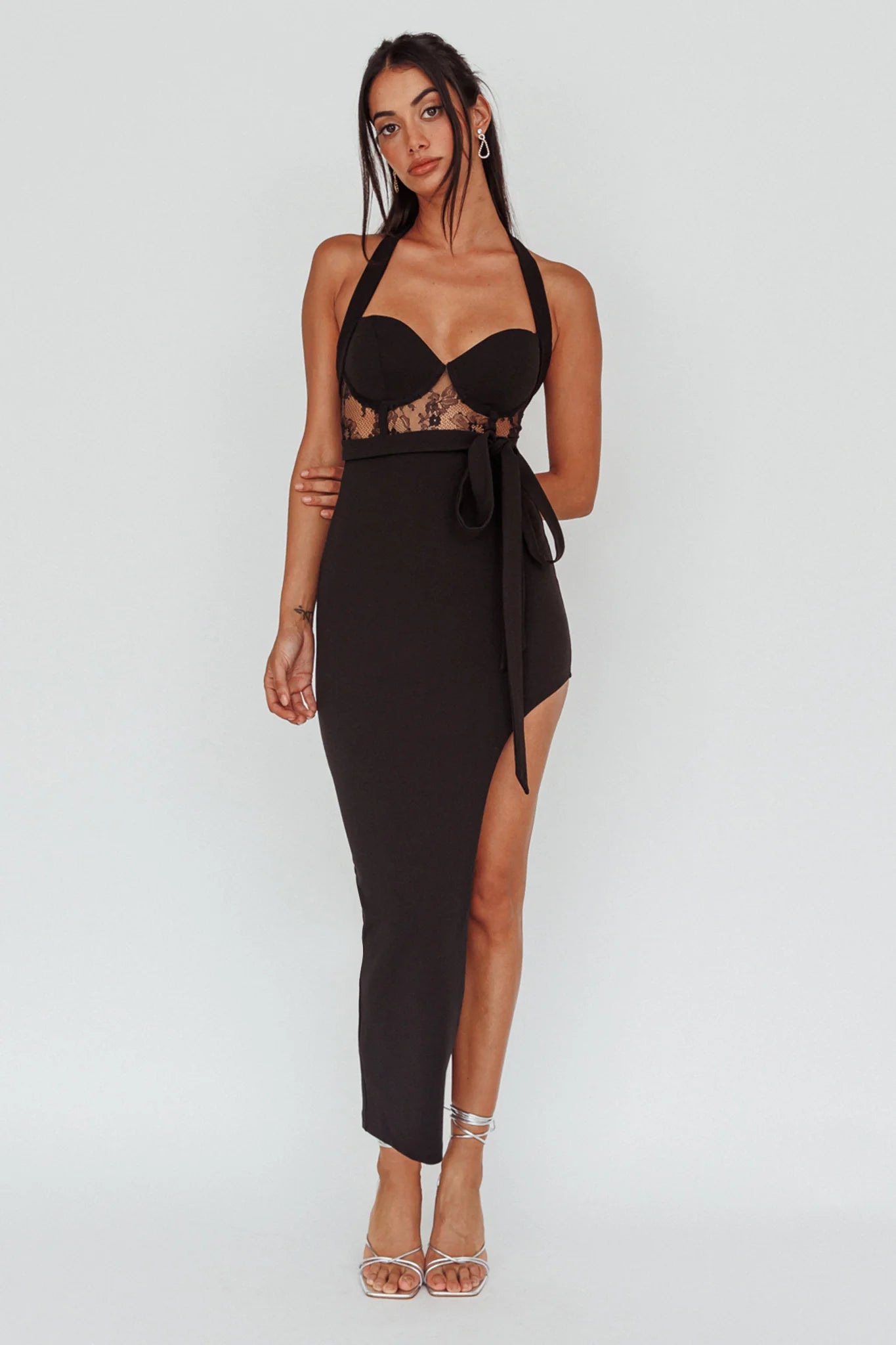 Jonetta Lace Insert Halterneck Midi Dress Black