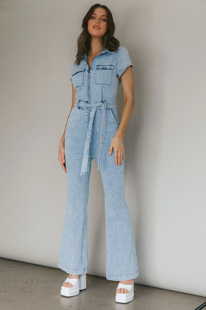 California Girl Short Sleeve Waist Tie Jumpsuit Denim Blue