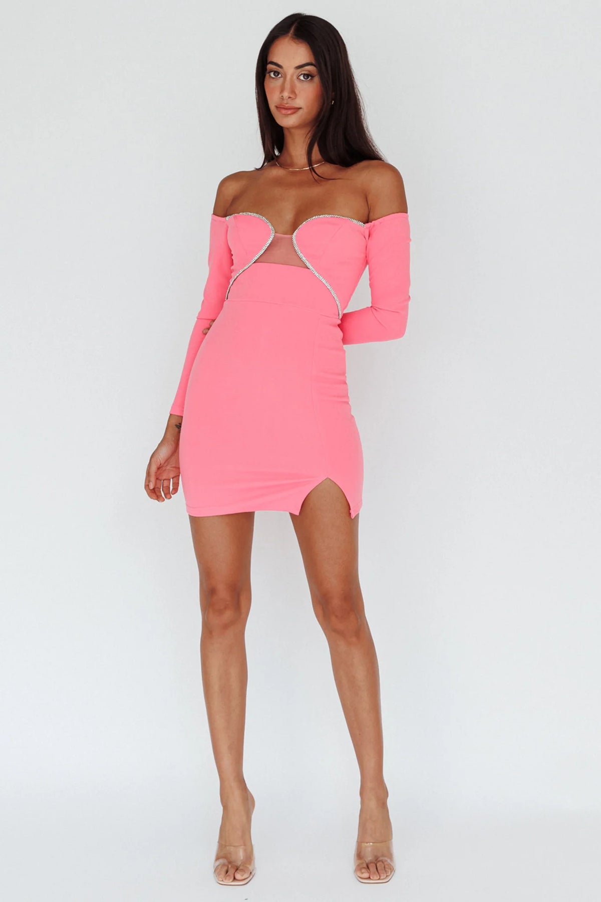 A-List Diamante Trim Long Sleeve Mini Dress Hot Pink