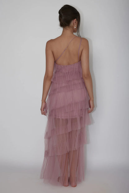 Arrabel Tiered Ruffle Tulle Maxi Dress Plum