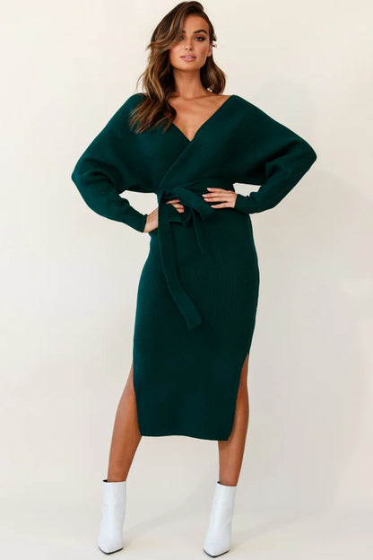 Cameo Batwing Knit Midi Dress Forest Green