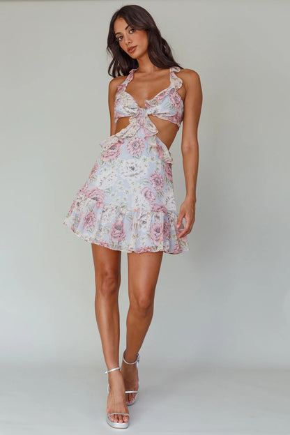 Violette Ruffle Strap Cut-Out Mini Dress Floral Blue