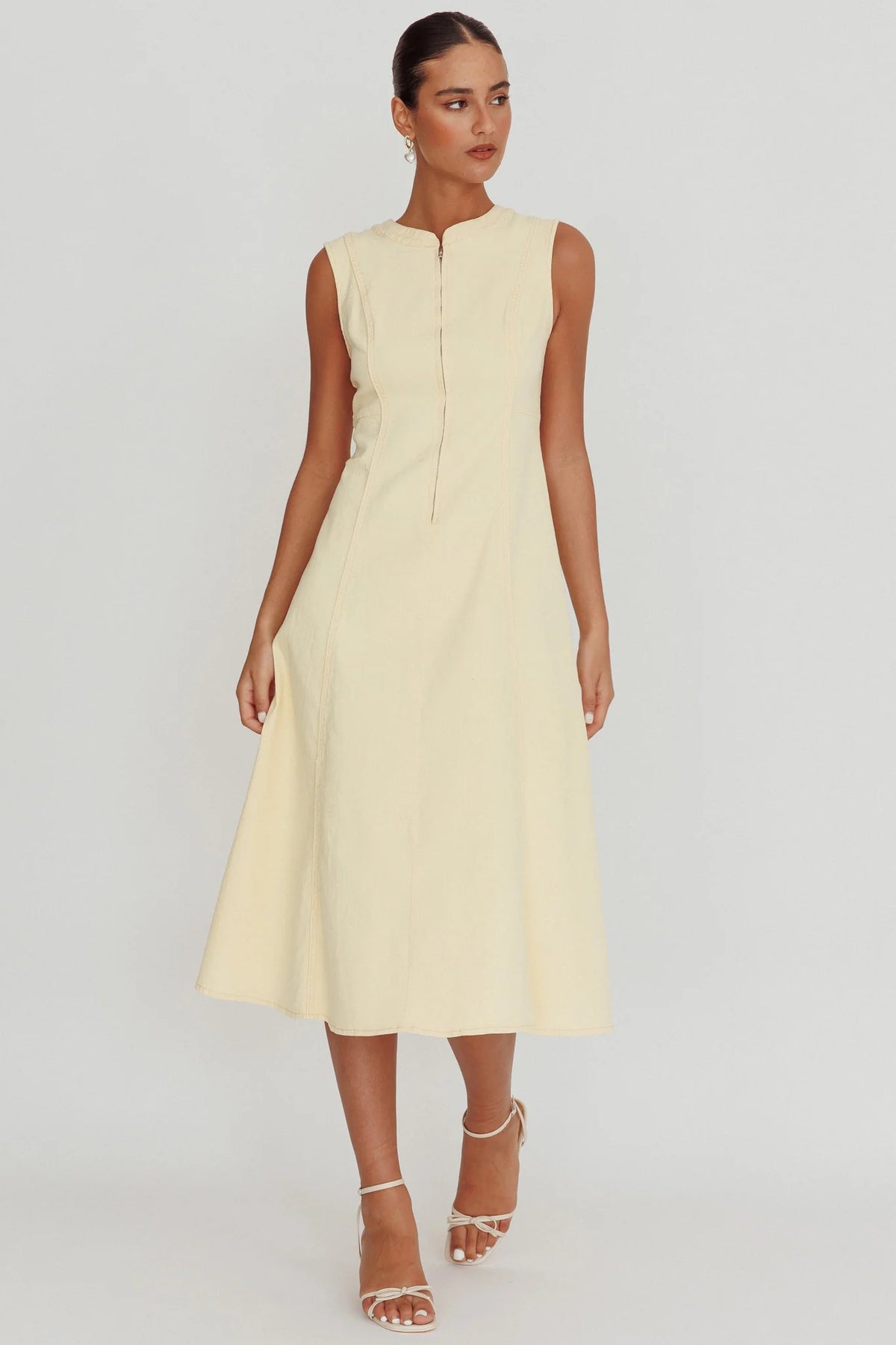 Passionate Flame Sleeveless A-line Midi Dress Beige