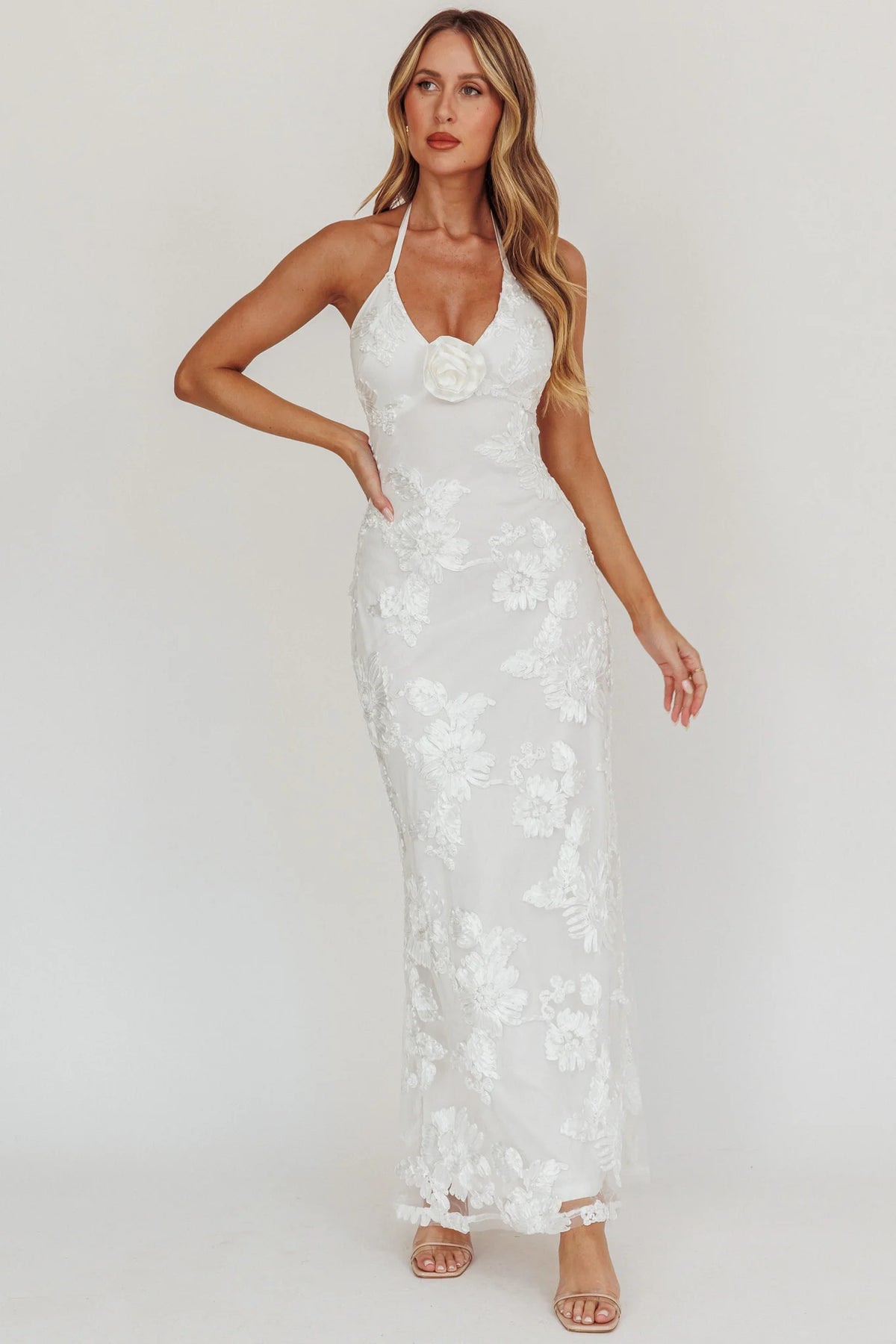 Your Affections Rosette Ribbon Embellished Maxi Dress White