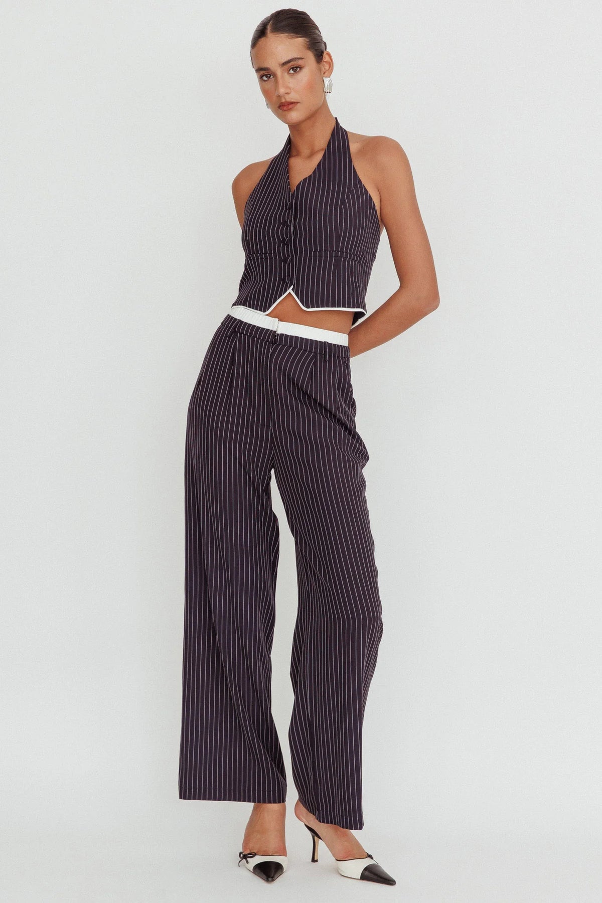 Lilija Pinstripe Double Waistband Wide-Leg Pants Navy