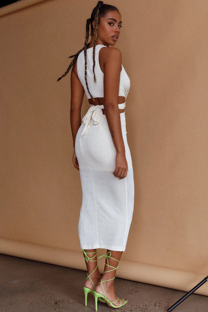 Moon River Plunging Neckline Midi Dress Oyster