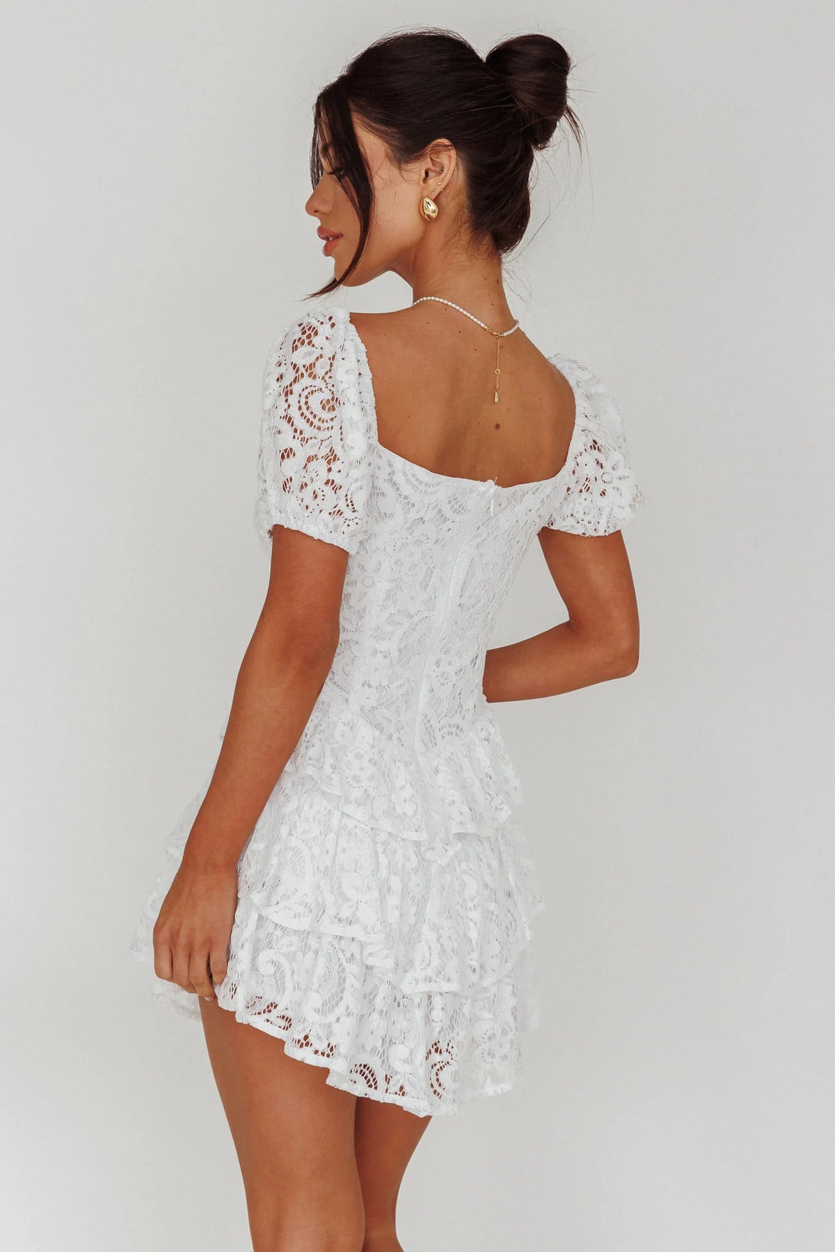 Tayah Tiered Lace Mini Dress Off White