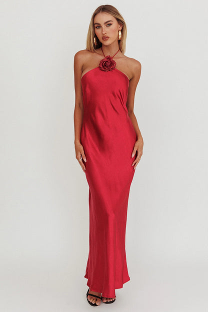 High Roller Flower Decoration Halter Dress Wine