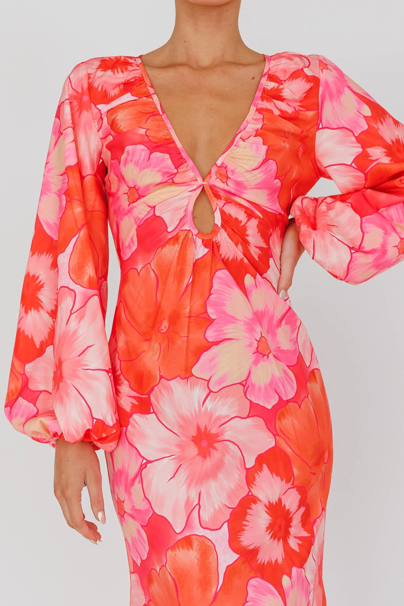 Yessica Balloon Sleeve Midi Dress Floral Pink