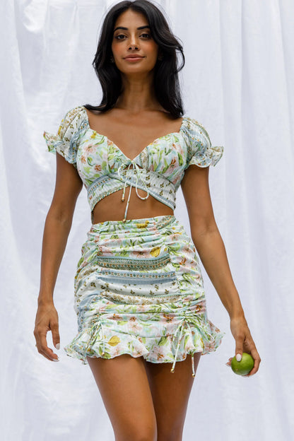 Azure Sky Ruched Mini Skirt Printed Green