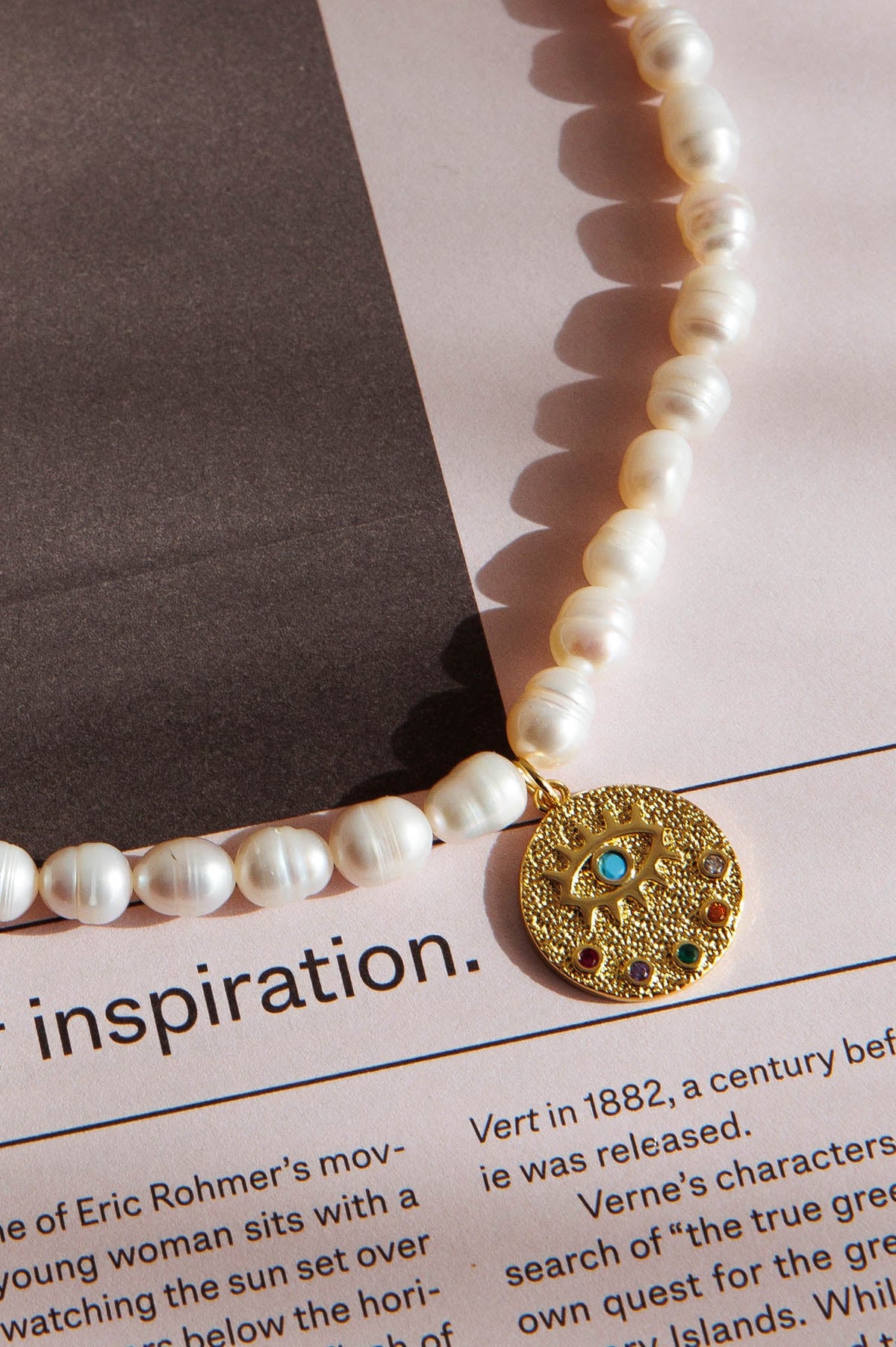 Evil Eye Freshwater Pearl Necklace Gold