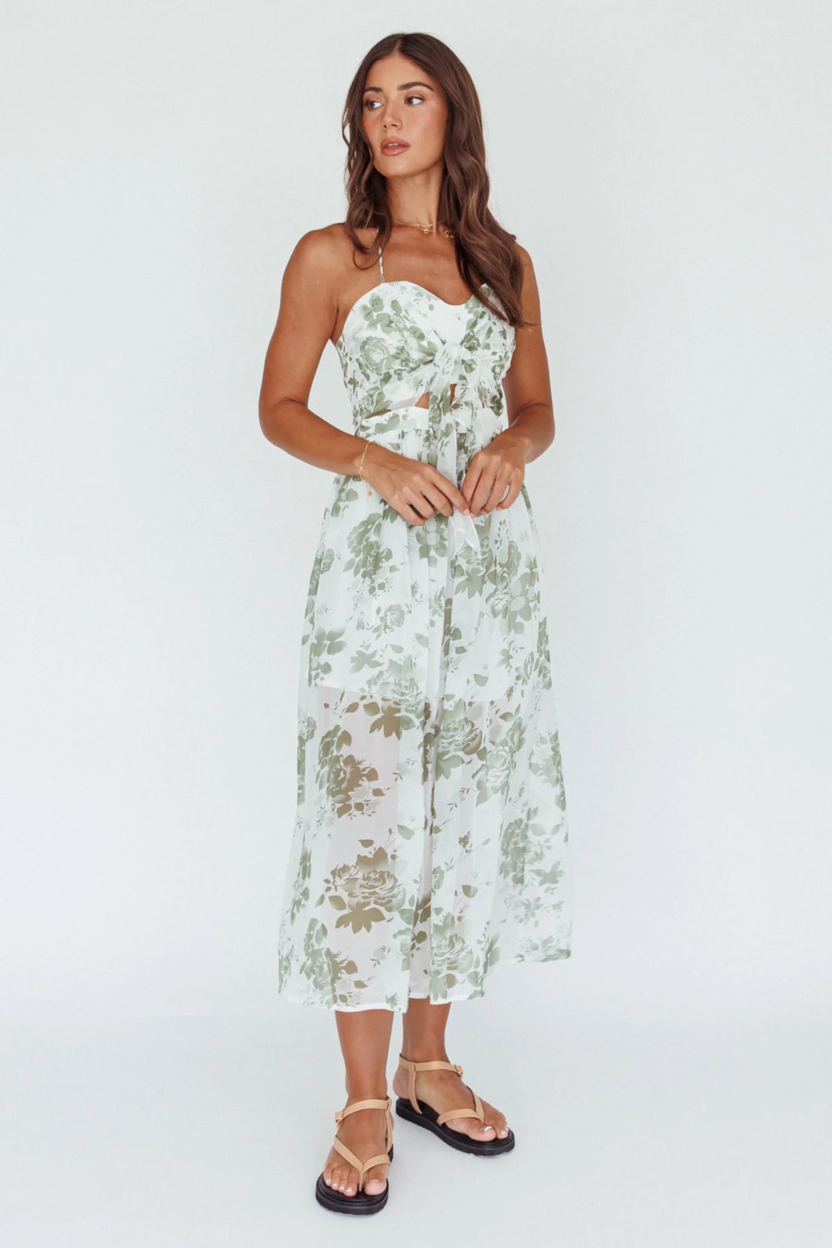 Los Feliz Tied Bust Halterneck Midi Dress Floral Green