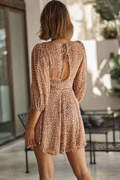 Broadway Balloon Sleeve Cut-Out Feature Dress Petal Print Mocha