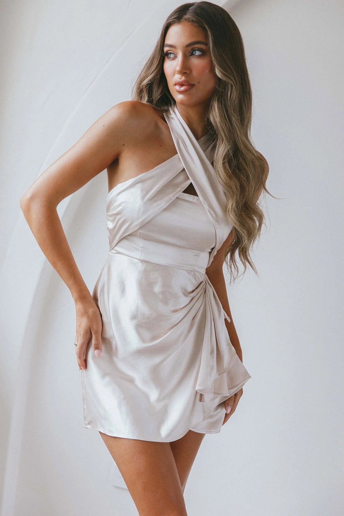 Stars Align Halterneck Satin Dress Champagne