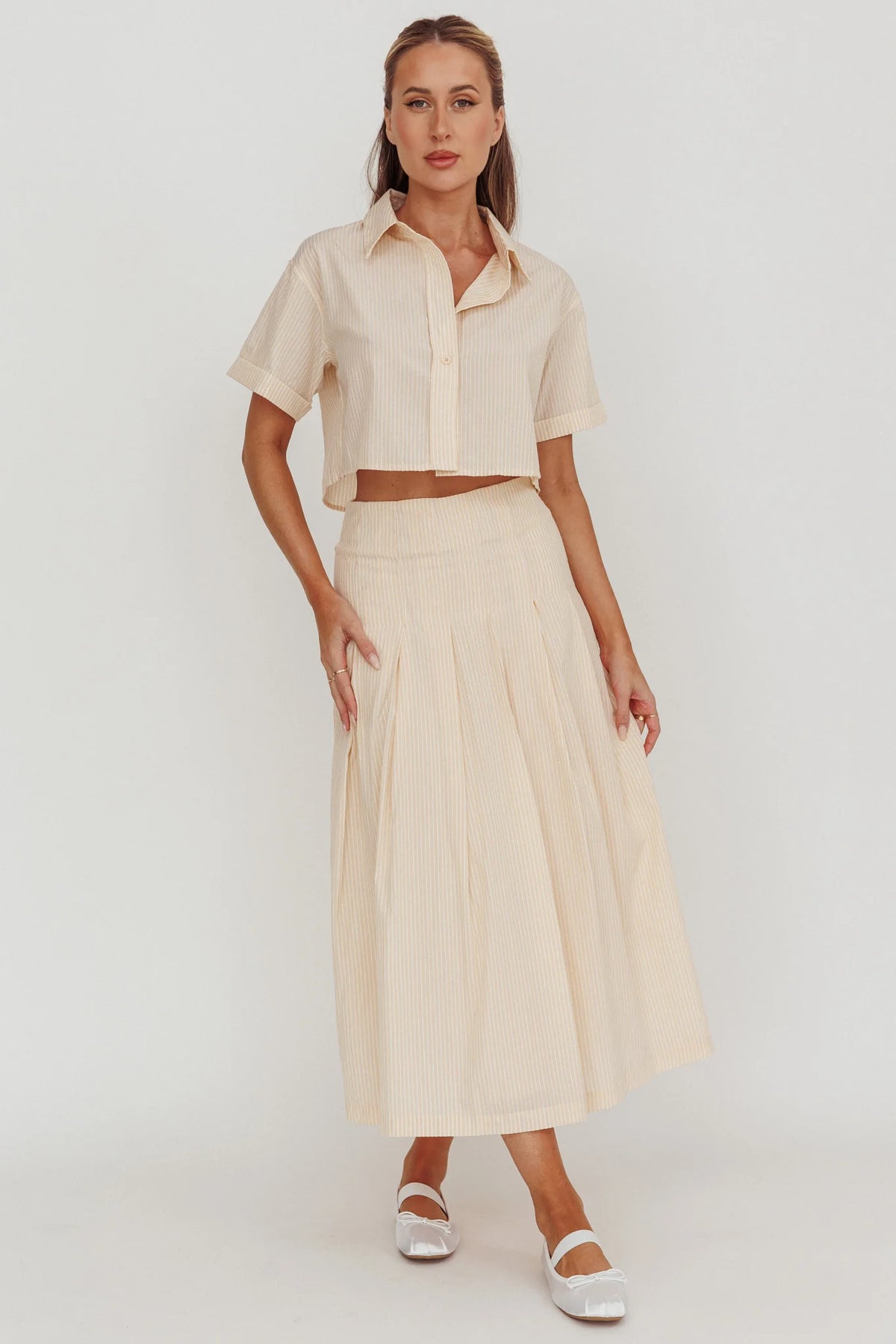 Zealous A-Line Striped Midi Skirt Beige/Off White