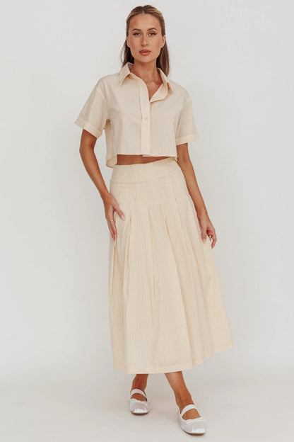 Zealous A-Line Striped Midi Skirt Beige/Off White