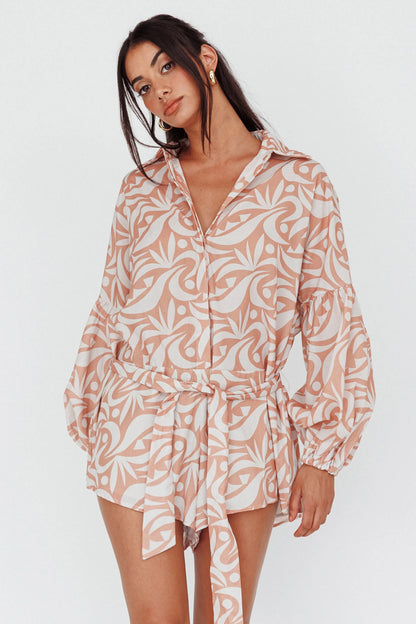 Daytona Beach Long Sleeve Shirt Romper Print Peach