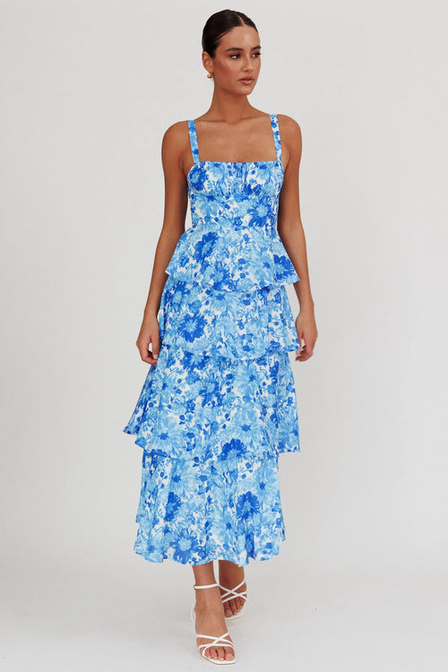 Provence Bloom Tiered Floral Maxi Dress Blue