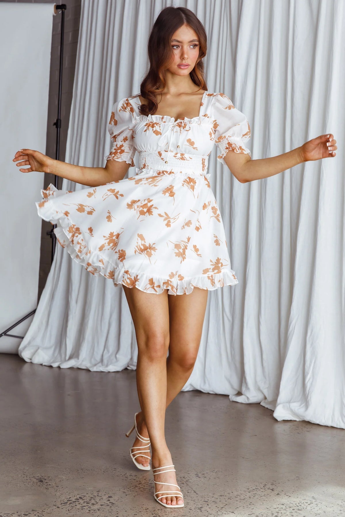 Summer In Paris Puff Sleeve Open Back Dress Floral Tan