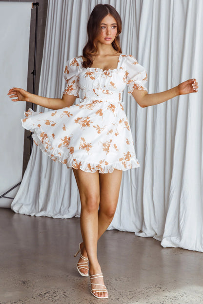 Summer In Paris Puff Sleeve Open Back Dress Floral Tan