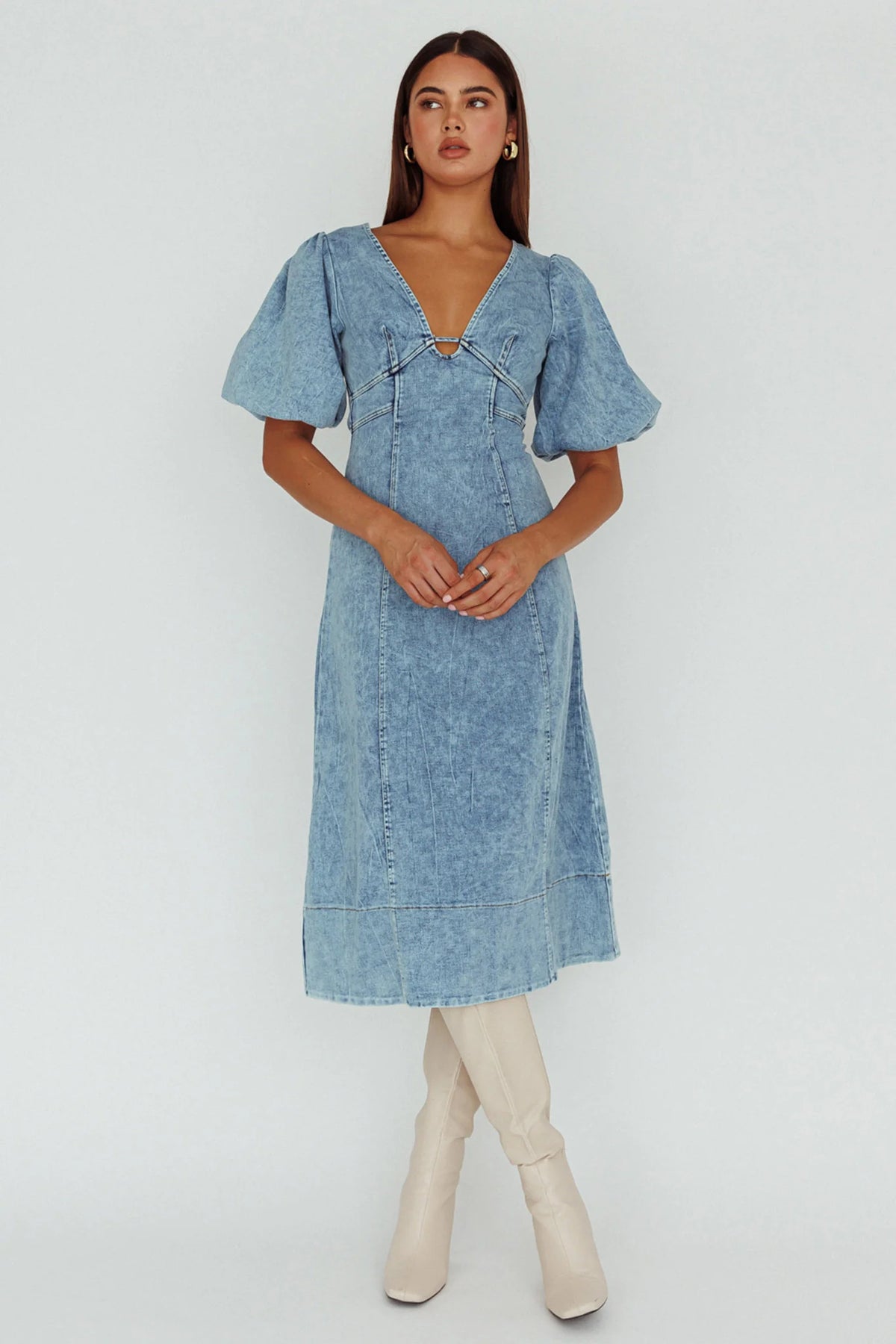 Elias Puff Sleeve Midi Dress Denim