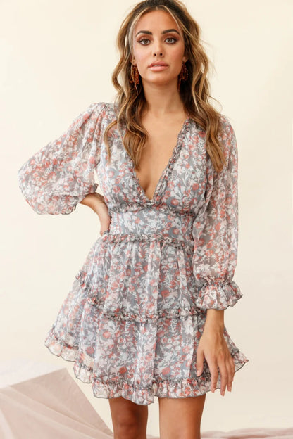 Laney Cutout Back Ruffle Trim Dress Floral Print Grey/Orange