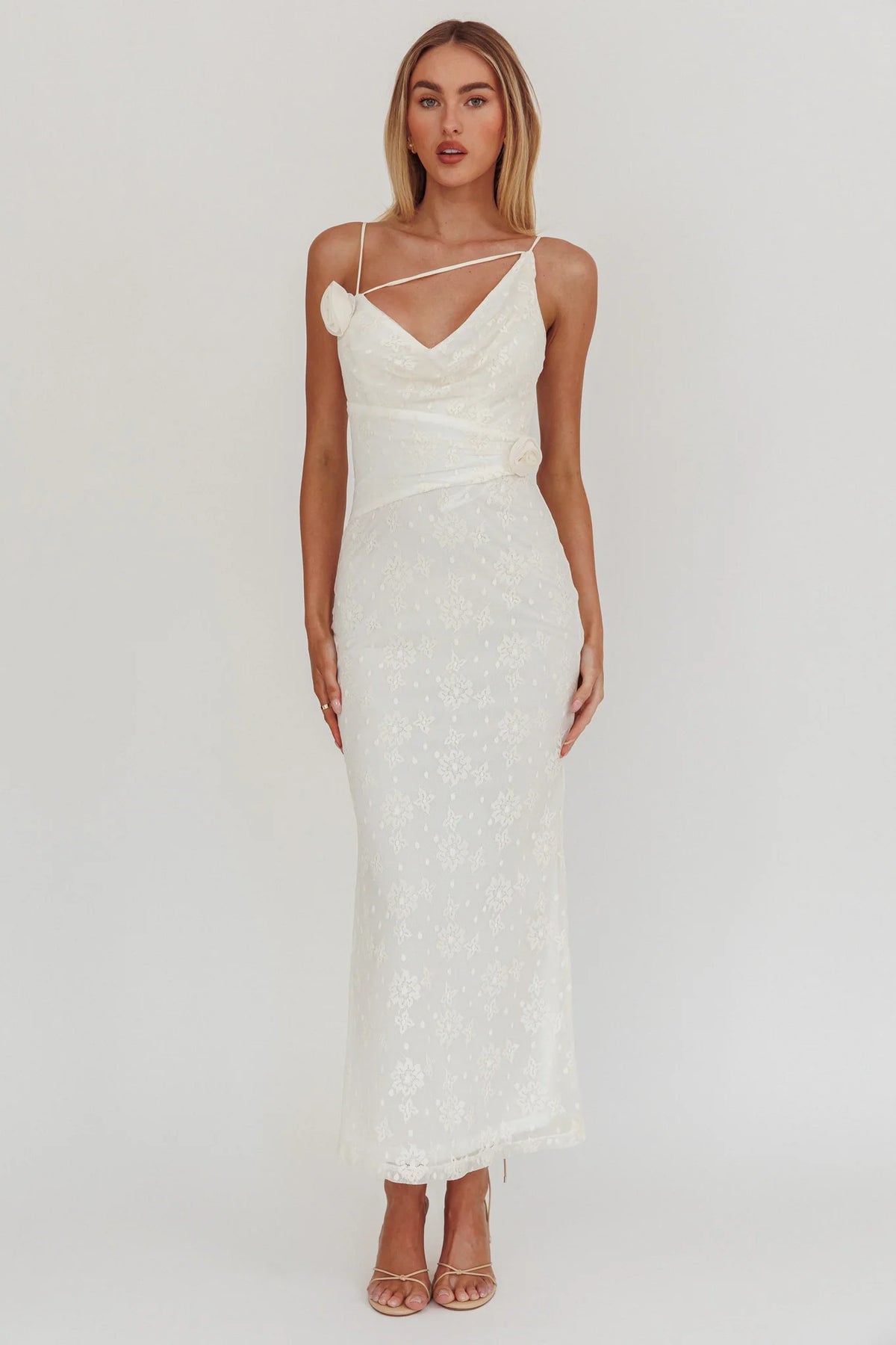 Golden Glow Rosette Cowl Neck Maxi Dress Beige