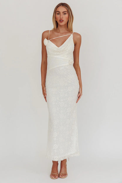 Golden Glow Rosette Cowl Neck Maxi Dress Beige