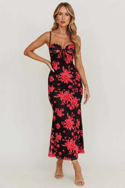 Fortune Lace Trim Mesh Midi Dress Black