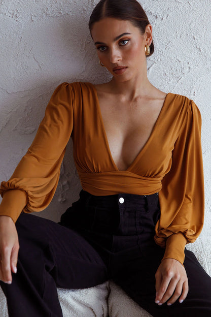 Sunsets In Tahiti Deep V-Neckline Lantern Sleeve Bodysuit Tan