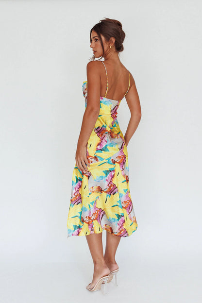 Well Versed Pleated Bust Front Split Dress Leaf Print Yellow