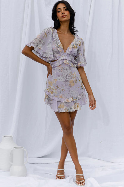 My Belle Cut-Out Detail Frill Accent Dress Vintage Floral Print Lilac