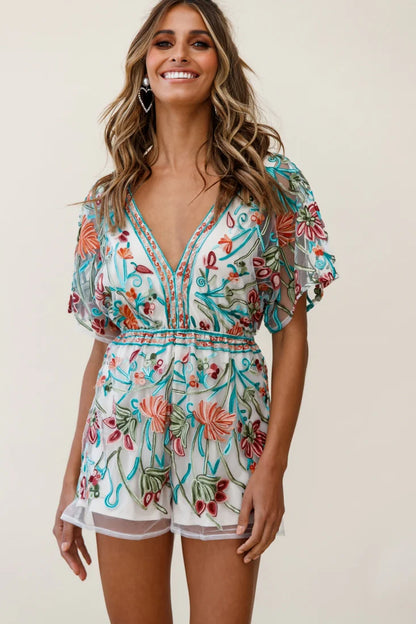 Cecelia Dressy Floral Romper Green Jade