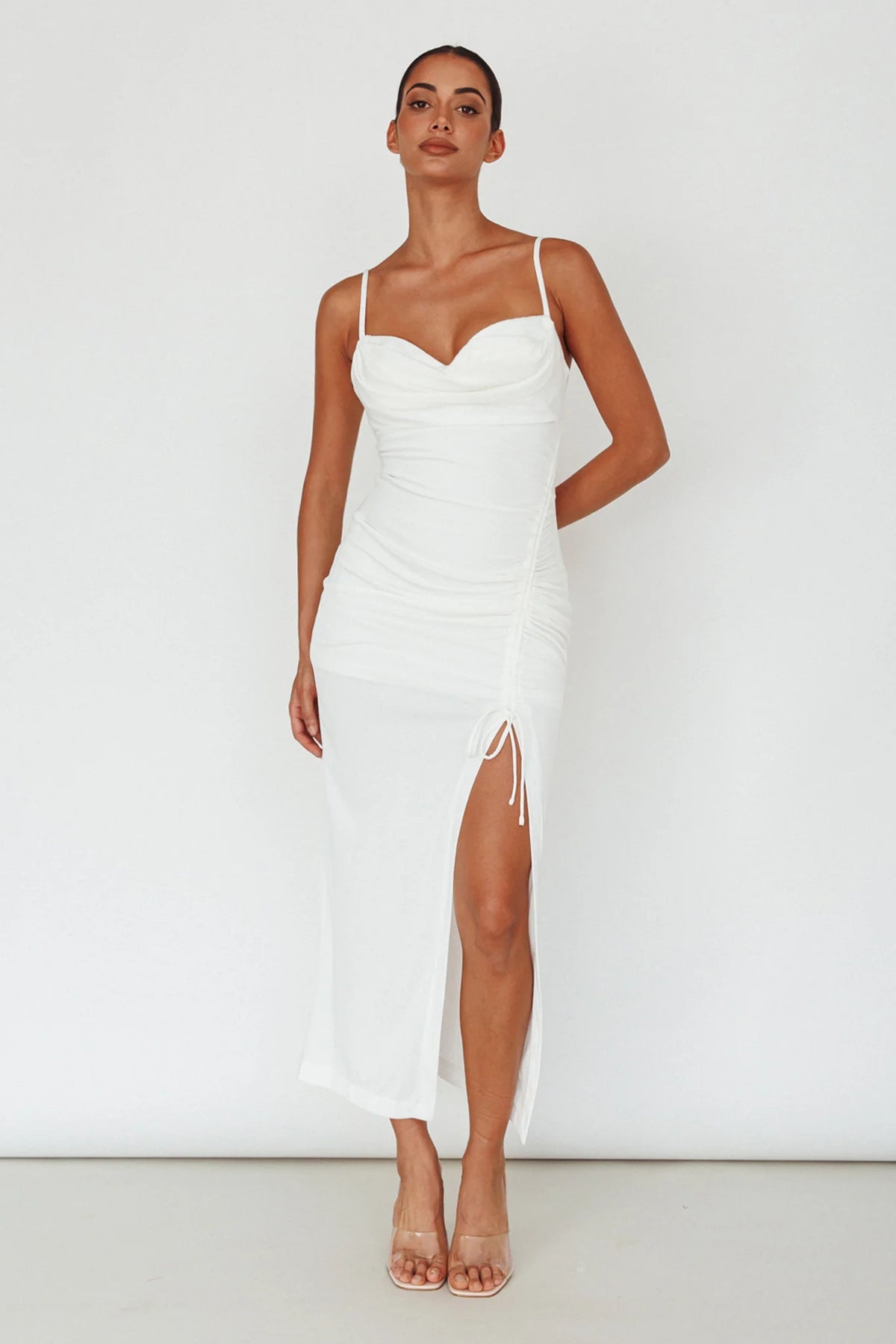 Samba Night Drawstring Ruched Midi Dress White