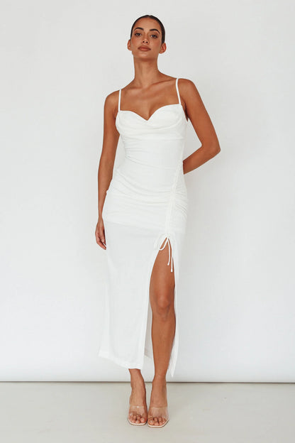 Samba Night Drawstring Ruched Midi Dress White