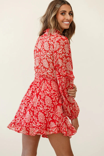 Lima Long Sleeve Drawstring Waist Frill Dress Floral Print Red