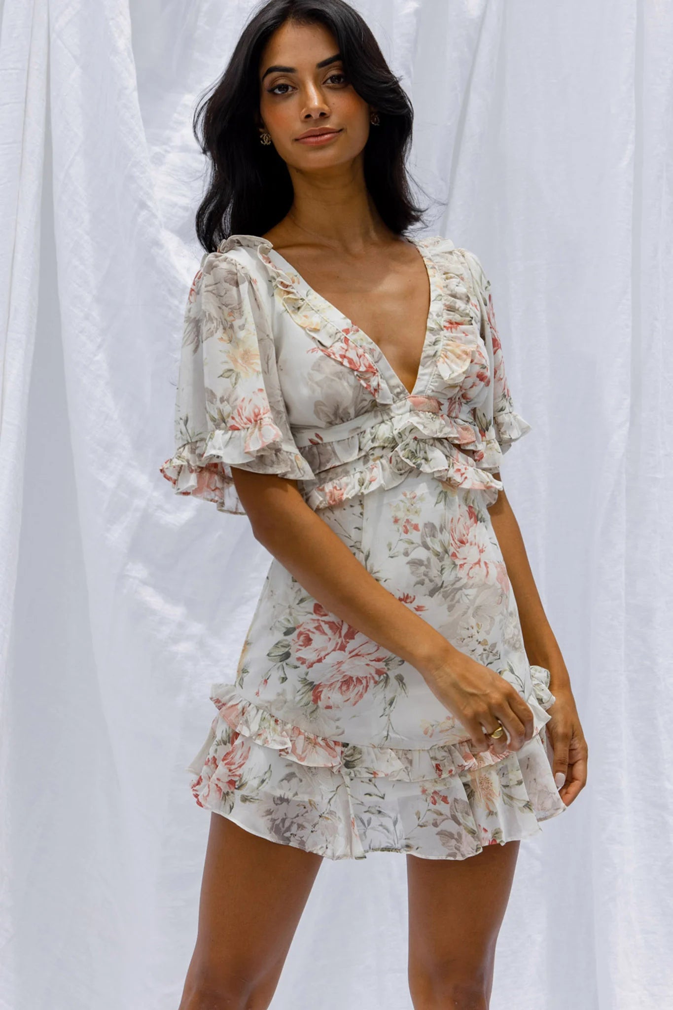 My Belle Cut-Out Detail Frill Accent Dress Vintage Floral Print White