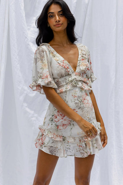 My Belle Cut-Out Detail Frill Accent Dress Vintage Floral Print White