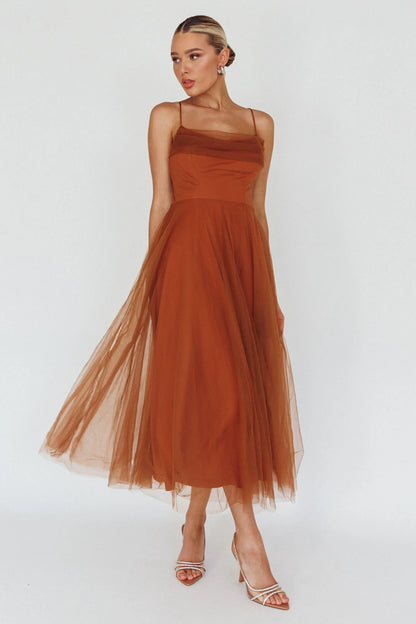 Floating By Pleated Neckline Mesh Midi Dress Brown