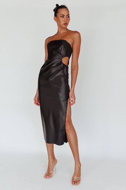 Taking Bets Strapless Midi Dress Leather Black