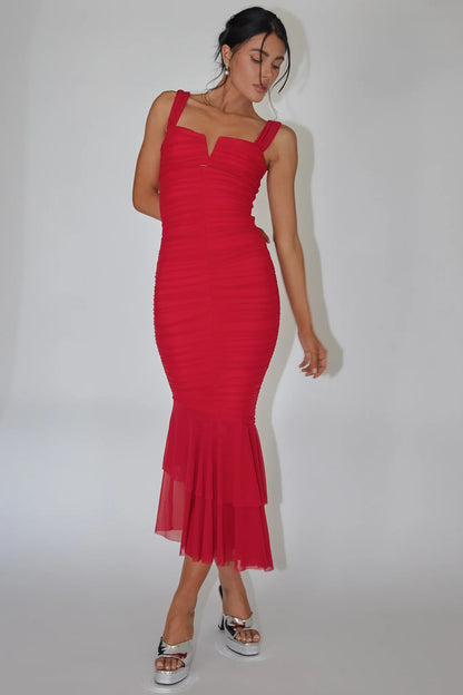 Nadia Ruched Fishtail Maxi Dress Red